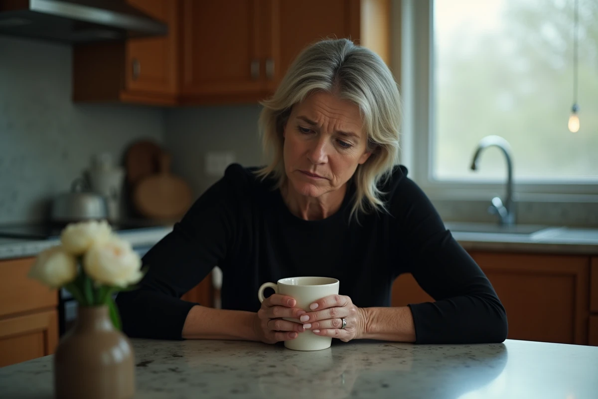 Femme en deuil seule à la table de cuisine tenant une tasse, regard perdu dans ses pensées