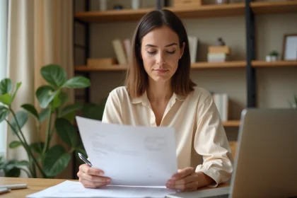Femme consultant des documents officiels à son bureau, illustrant les démarches administratives pour un acte de naissance