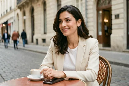 Femme élégante parisienne attablée en terrasse de café, souriant avec son téléphone, style éditorial