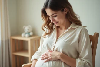 Femme enceinte en fin de grossesse tenant son ventre arrondi dans une chambre de bébé apaisante, symbolisant le bébé bien accroché