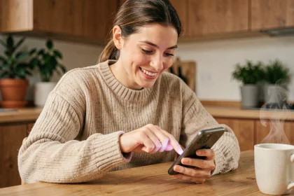 Femme souriante envoyant une carte anniversaire animée musicale par SMS sur son smartphone dans sa cuisine