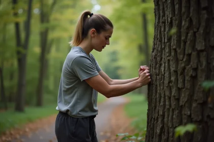 Femme exprimant sa colère en poussant contre un arbre en forêt, technique pour évacuer les émotions négatives