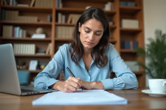 Femme remplissant des formulaires administratifs pour un changement de nom à son bureau à domicile
