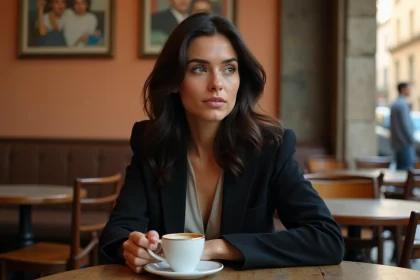 Femme italienne élégante dans un café romain avec affiches de cinéma vintage en arrière-plan, évoquant les prénoms italiens du cinéma culte