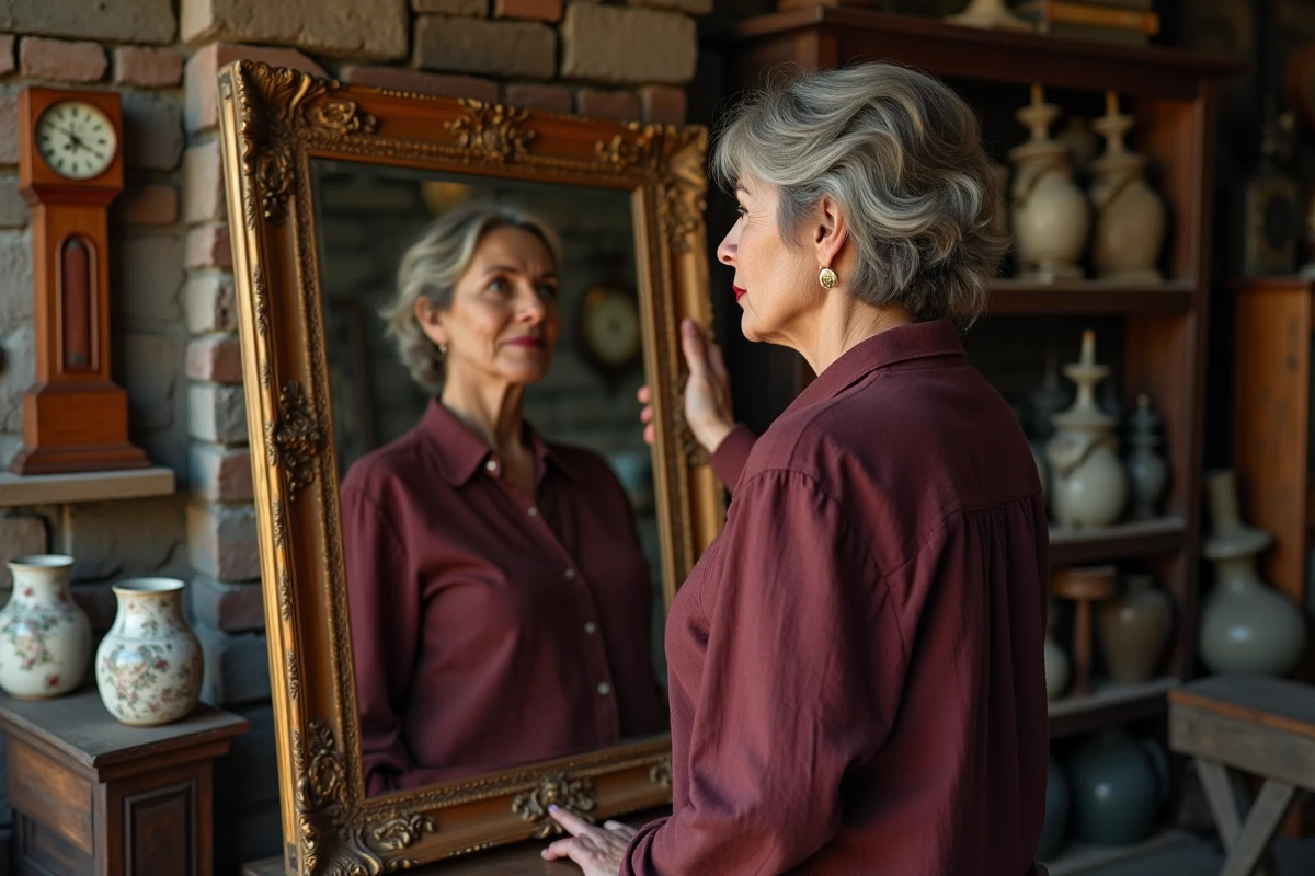 Femme contemplant son reflet dans un miroir ancien dans une boutique d'antiquités, évoquant la superstition et le malheur