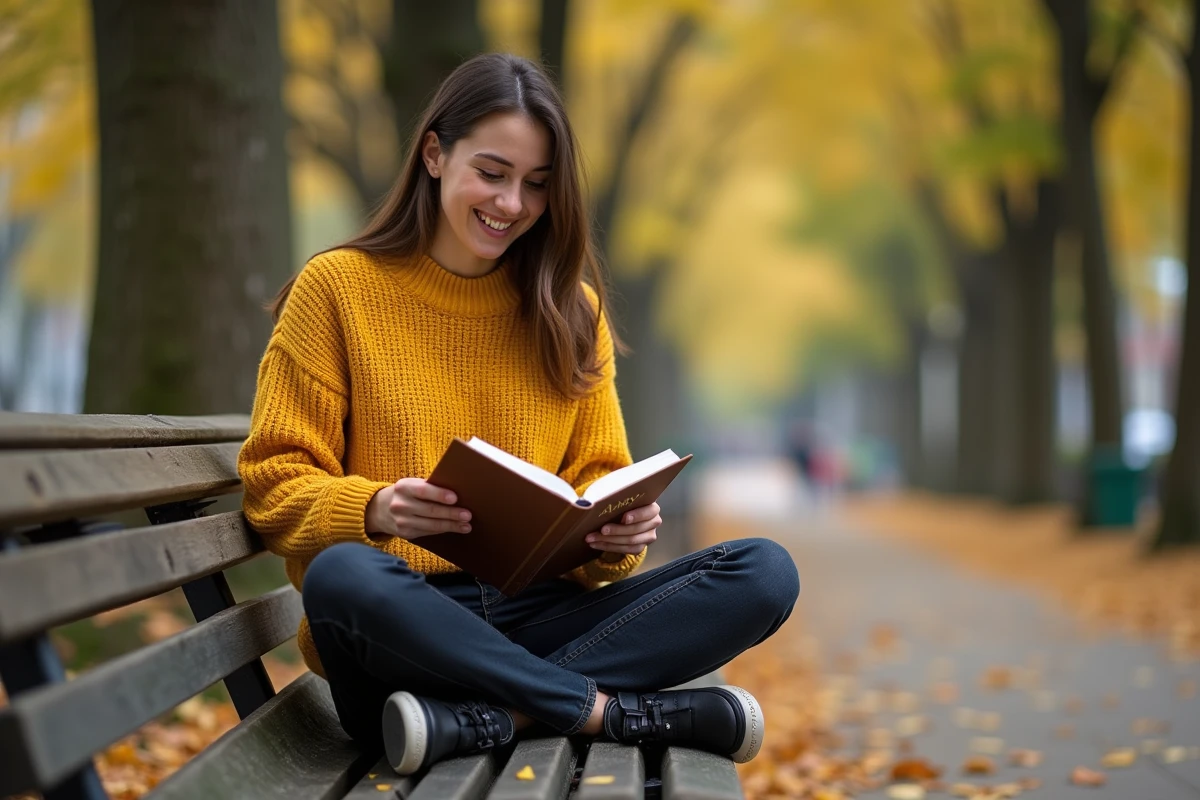 Jeune femme tenant un journal personnalisé au prénom Anny assise dans un parc en automne