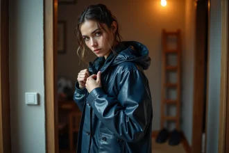 Femme rentrant chez elle sous la pluie, retirant son imperméable mouillé dans l'entrée de son appartement