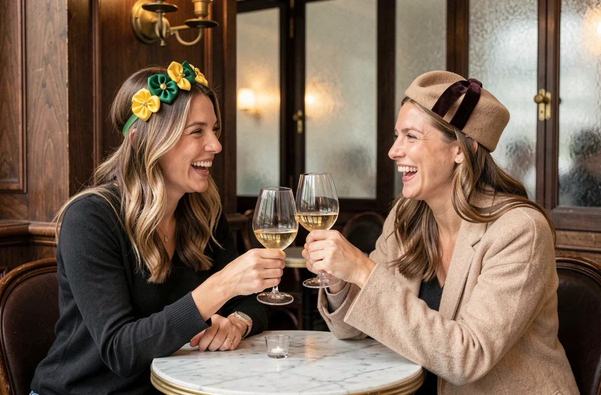 Deux femmes fêtant la Sainte Catherine dans un bar à vins parisien avec des coiffures originales et modernes