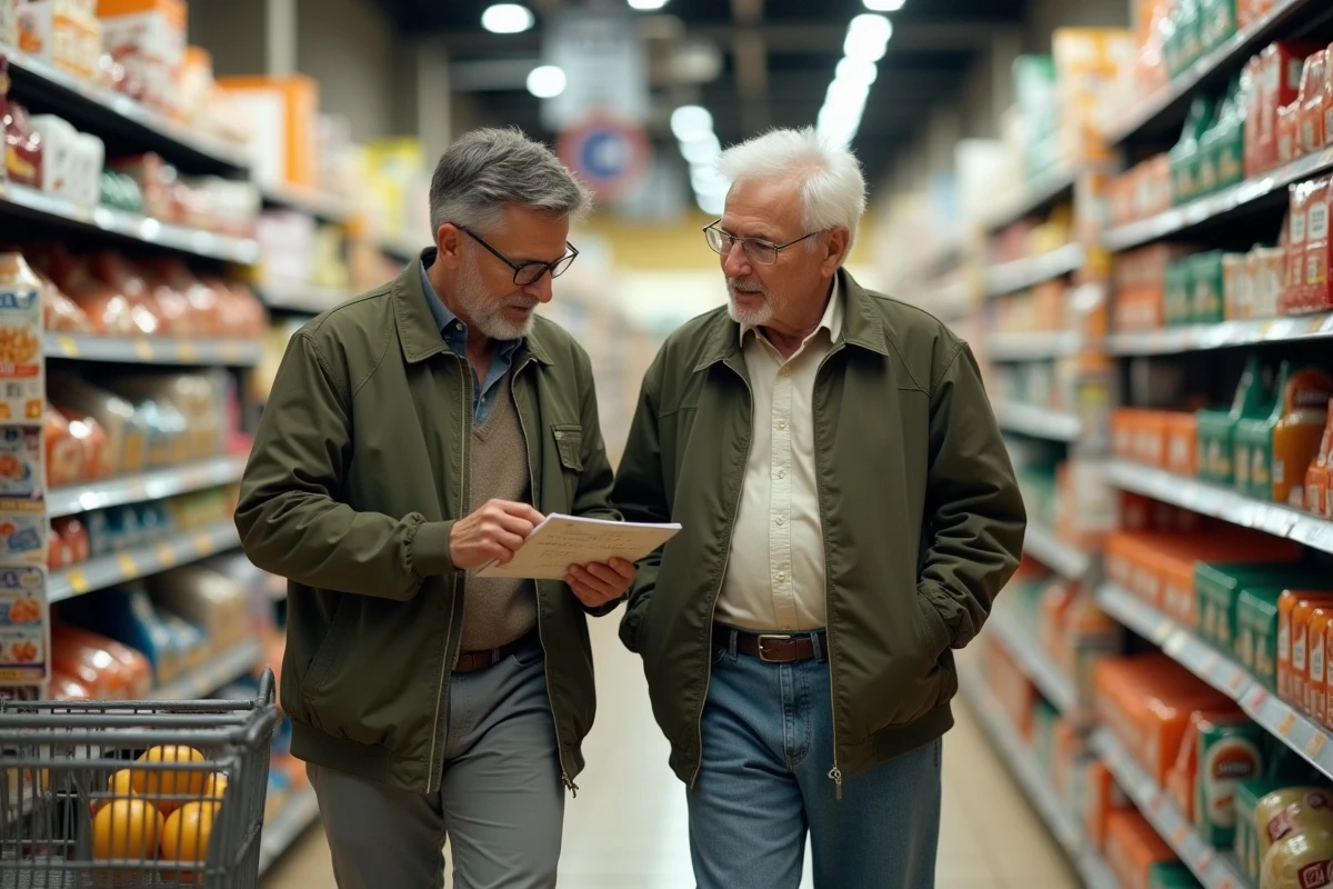Fils adulte aidant son père âgé à faire les courses au supermarché, symbolisant le soutien quotidien des enfants envers leurs parents