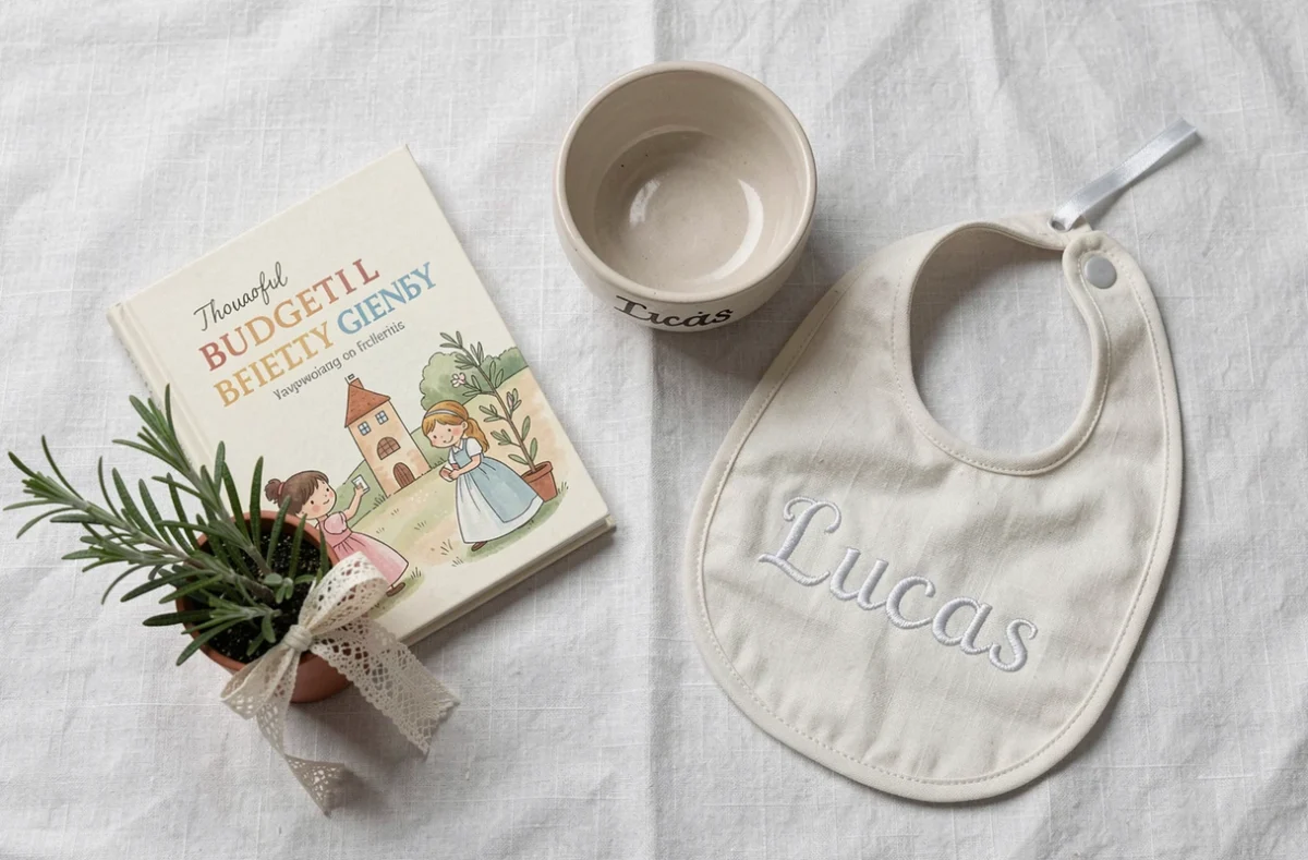 Flat lay de cadeaux de baptême petit budget originaux incluant livre, bol en céramique et bavoir brodé