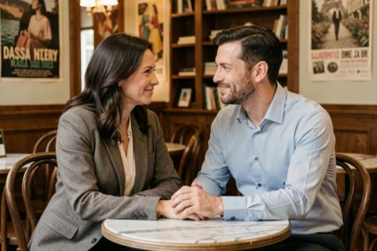 Couple élégant partageant un moment complice dans un café parisien, illustrant la vie de couple de Florence Kieffer