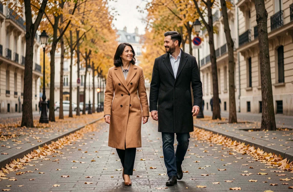 Couple marchant sur un boulevard parisien en automne, évoquant la vie privée et conjugale de Florence Kieffer et son mari