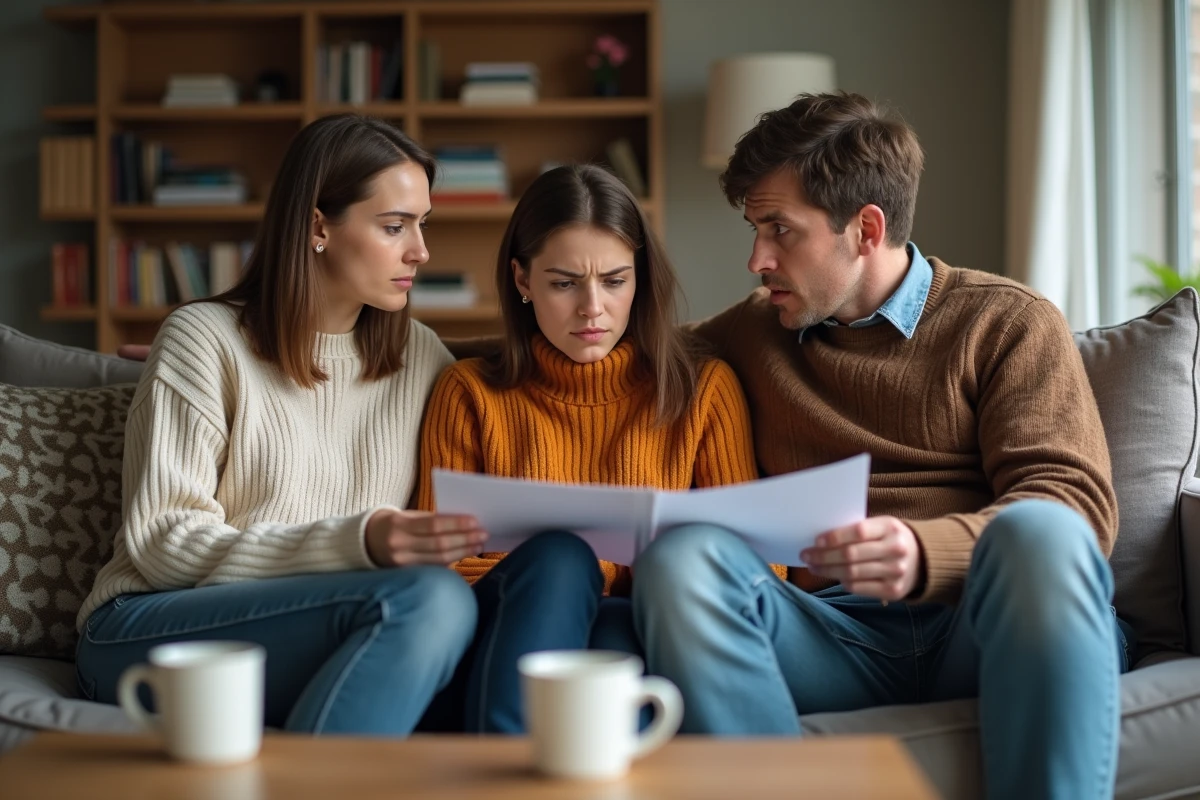 Trois frères et sœurs adultes discutant calmement d'une donation inégale reçue de leurs parents