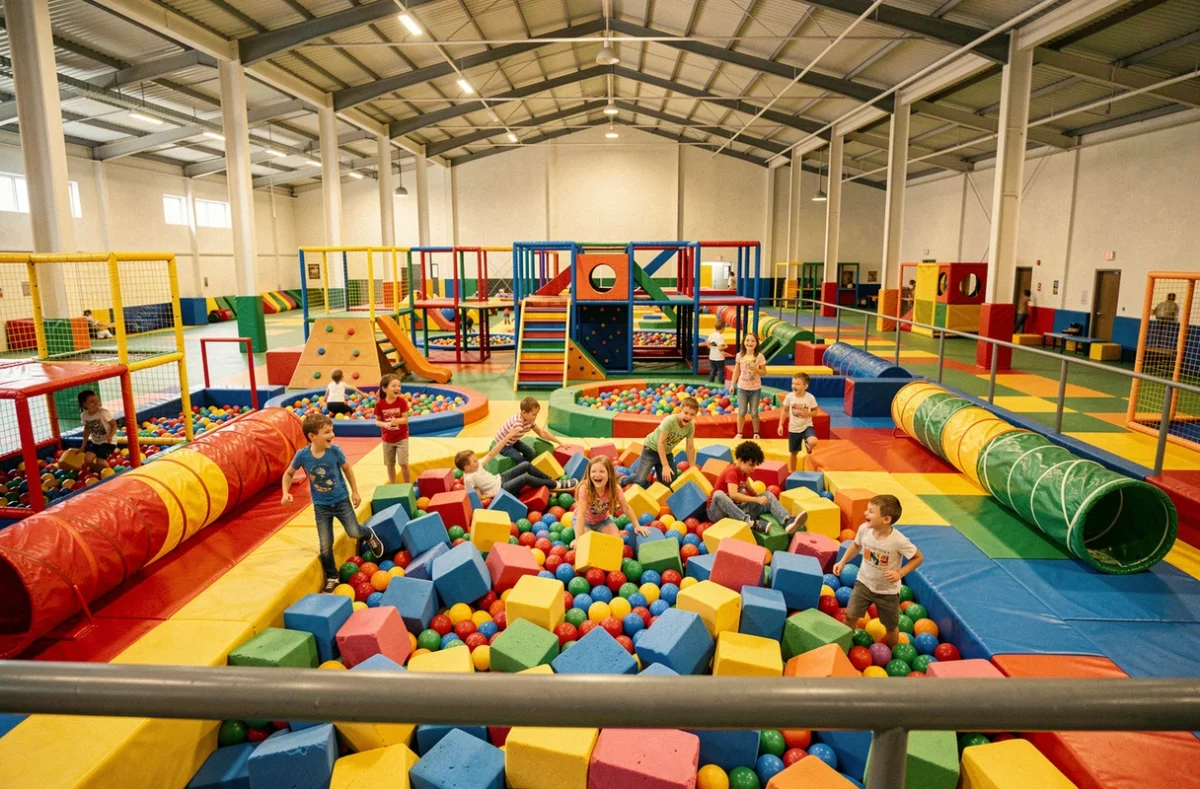 Enfants jouant dans l'espace de jeux intérieur coloré de Funnyland dans le Var