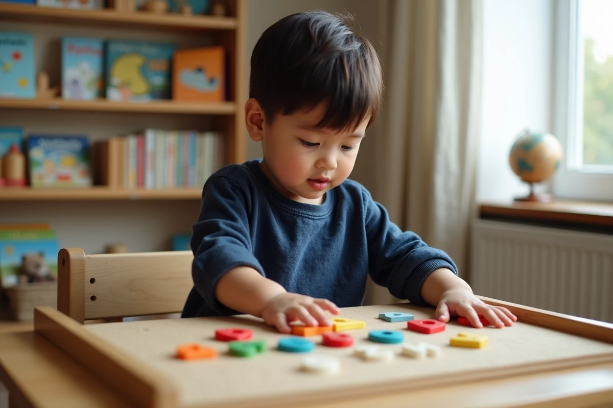Garçon de 6 ans composant ses premiers mots avec l'alphabet mobile Montessori à la maison
