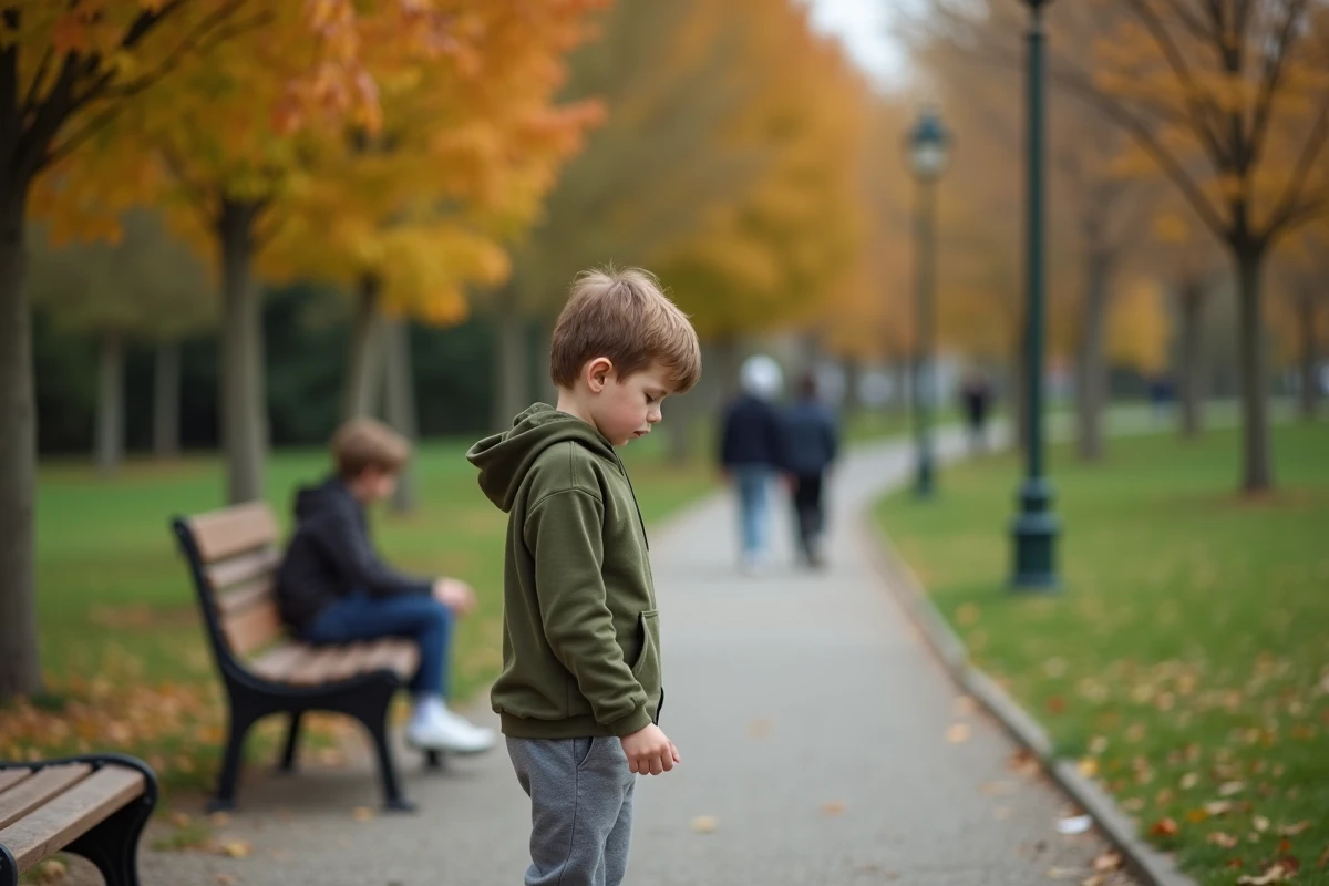 Garçon de dos dans un parc public, poings serrés et épaules tendues, représentant l'incapacité d'un enfant à maîtriser une crise de colère en milieu extérieur