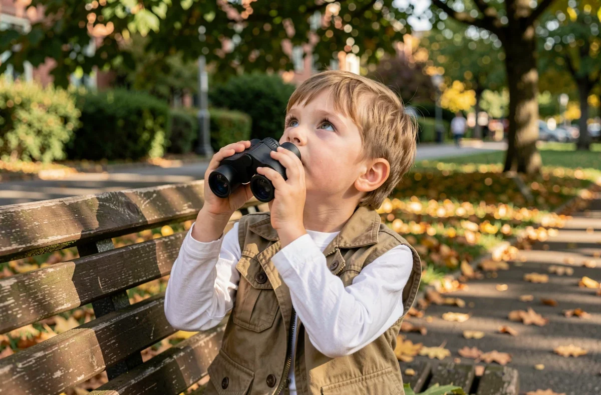 Jeune garçon tenant une jumelle compacte pour enfant dans un parc en automne