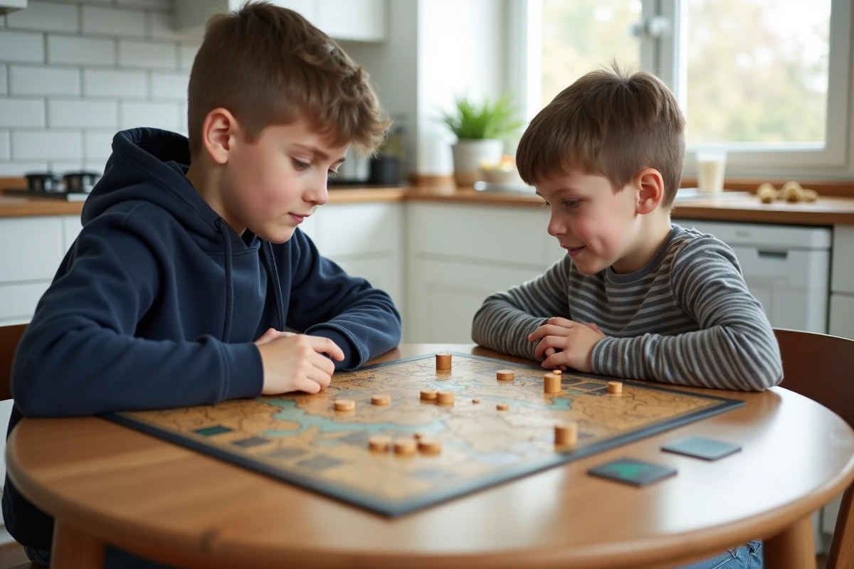 Deux garçons jouant à un jeu de stratégie sur une table de cuisine moderne