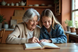 Une grand-mère et une adolescente partagent la lecture d'un livre autour d'une table en bois, illustrant le lien intergénérationnel au quotidien
