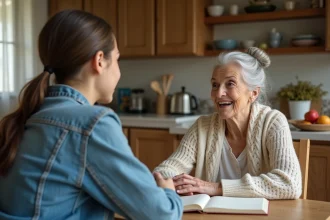 Grand-mère partageant une citation profonde avec sa petite-fille autour d'un journal manuscrit dans une cuisine rustique