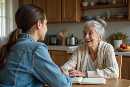 Grand-mère partageant une citation profonde avec sa petite-fille autour d'un journal manuscrit dans une cuisine rustique