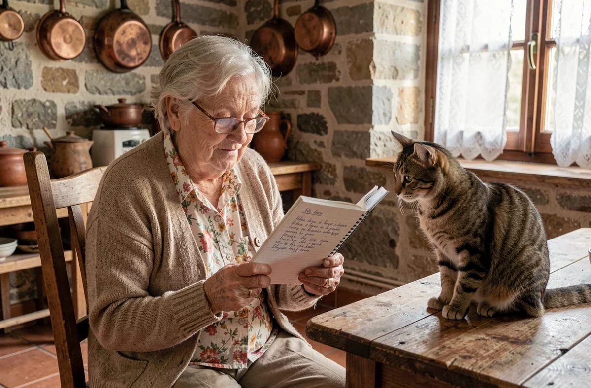 Grand-mère française lisant des variantes de comptines à son chat dans une cuisine rustique de campagne