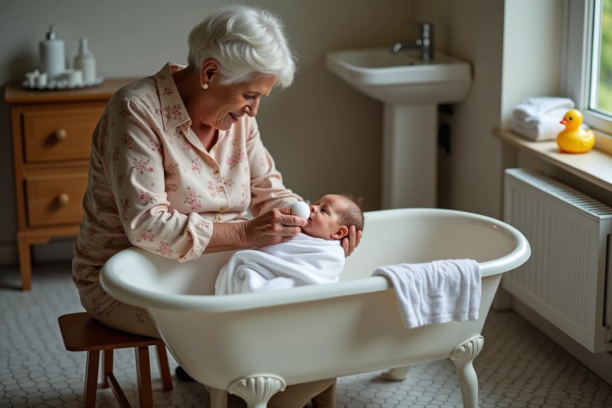 Grand-mère nettoyant délicatement les plis du cou d'un nouveau-né avec un coton sans bain complet