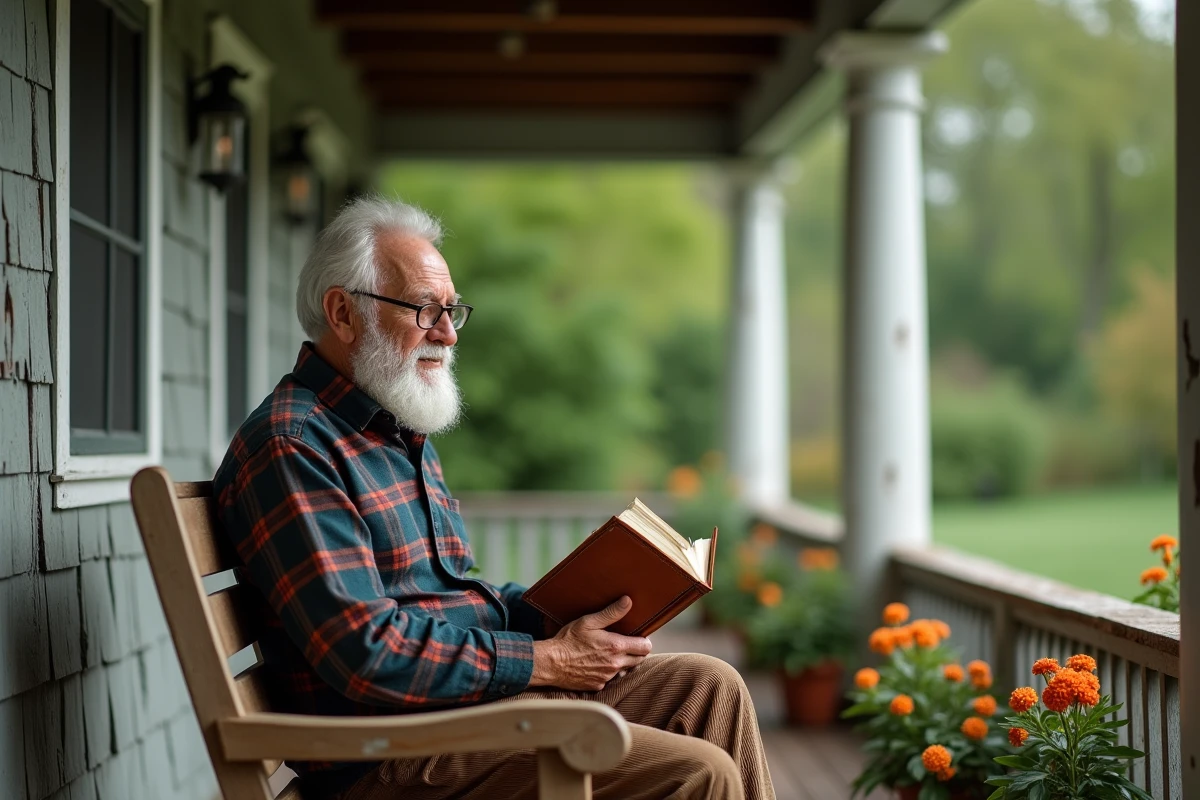 Grand-père âgé assis sur un porche en bois lisant un livre avec une expression pensive et sage