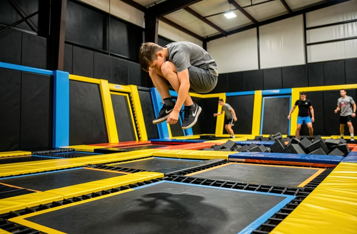 Adolescent effectuant un saut acrobatique au-dessus des trampolines de Gravity Space dans le Var
