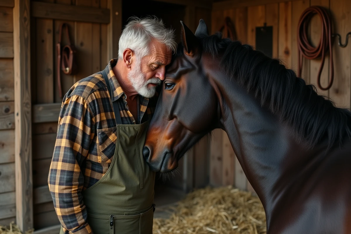 Vieil homme en communion silencieuse avec un cheval dans une écurie rustique, symbolisant le lien ancestral entre l'être humain et l'animal