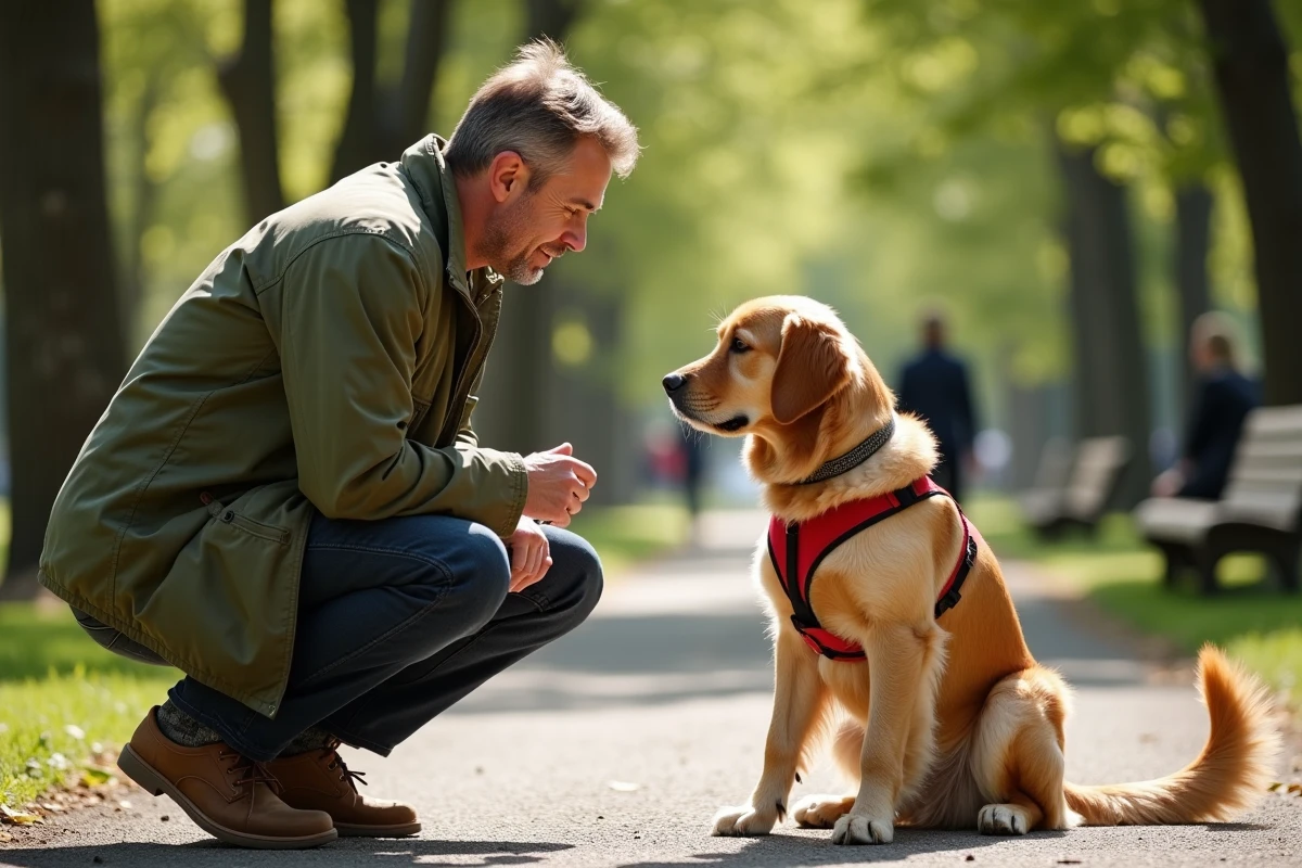 Homme interagissant avec son chien golden retriever dans un parc urbain, symbole d'une relation responsable avec son animal