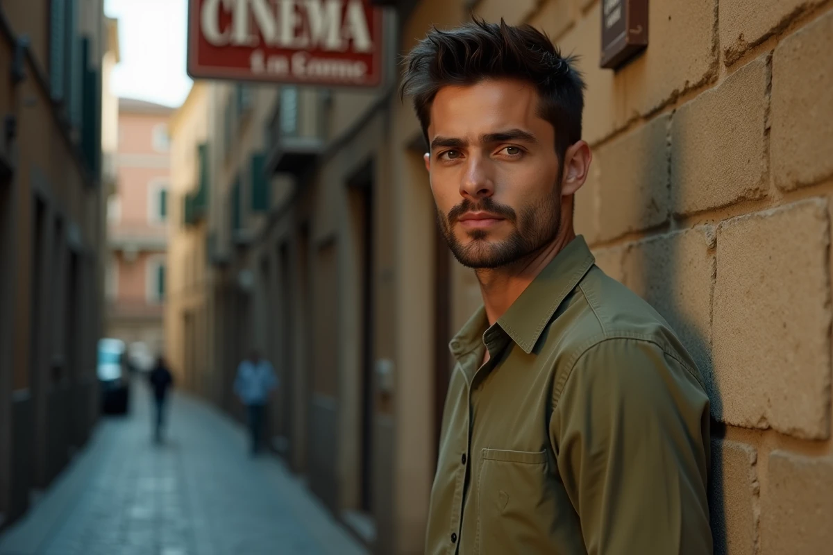 Homme italien devant une marquise de cinéma historique dans une ruelle pavée, référence aux prénoms masculins italiens inspirés du cinéma