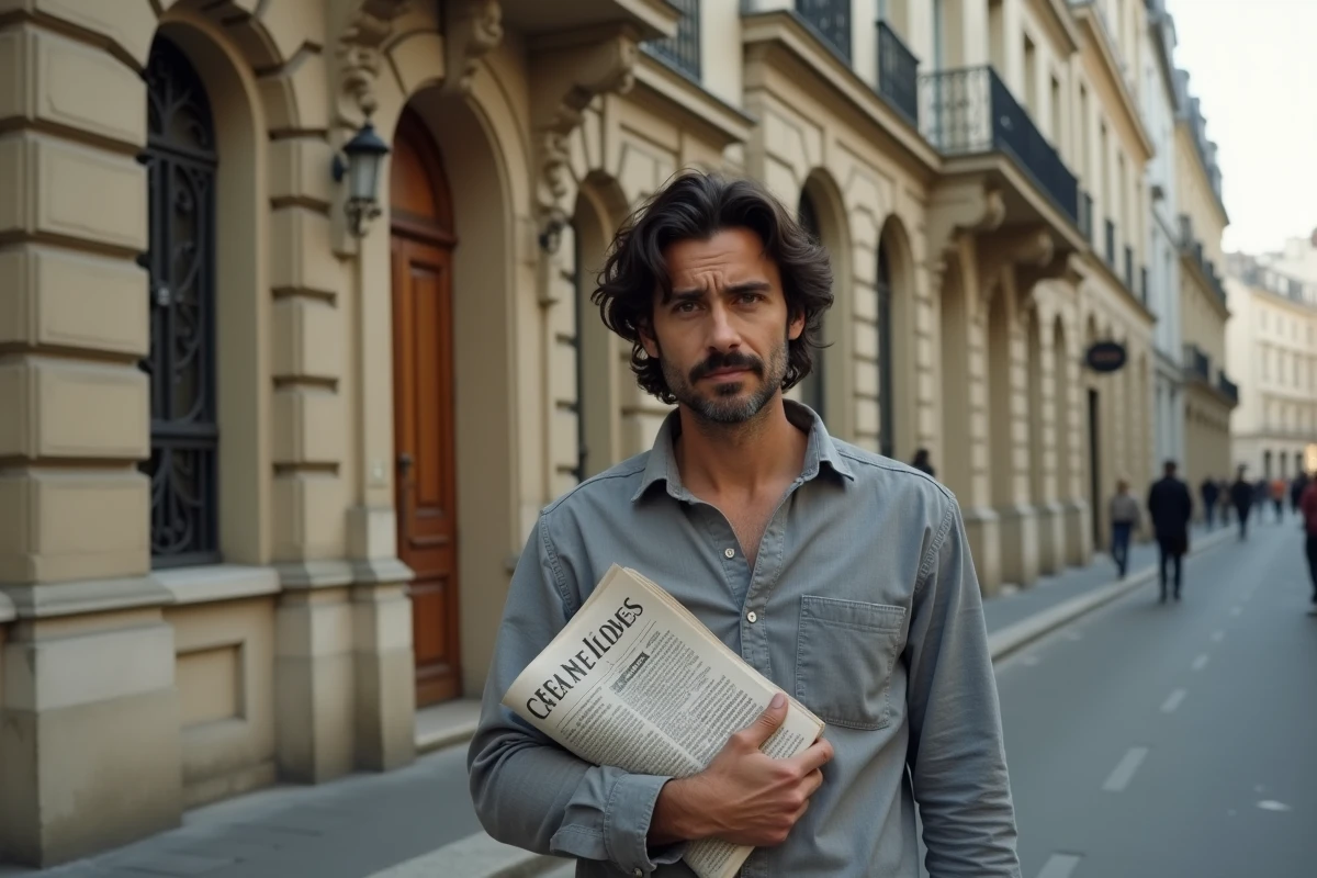 Homme aux cheveux bouclés debout devant un immeuble haussmannien parisien tenant un journal, atmosphère de mystère identitaire et de questionnement sur les origines familiales