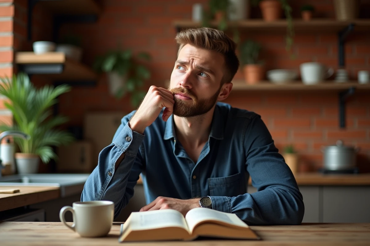 Homme réfléchi lisant un livre sur la parentalité dans une cuisine, questionnement sur le rôle de père