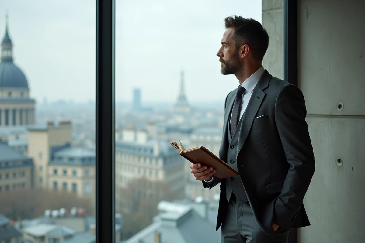 Homme en costume gris dans un loft parisien moderne regardant la ville, symbolisant la curiosité autour de l'identité du compagnon de Charlotte d'Ornellas