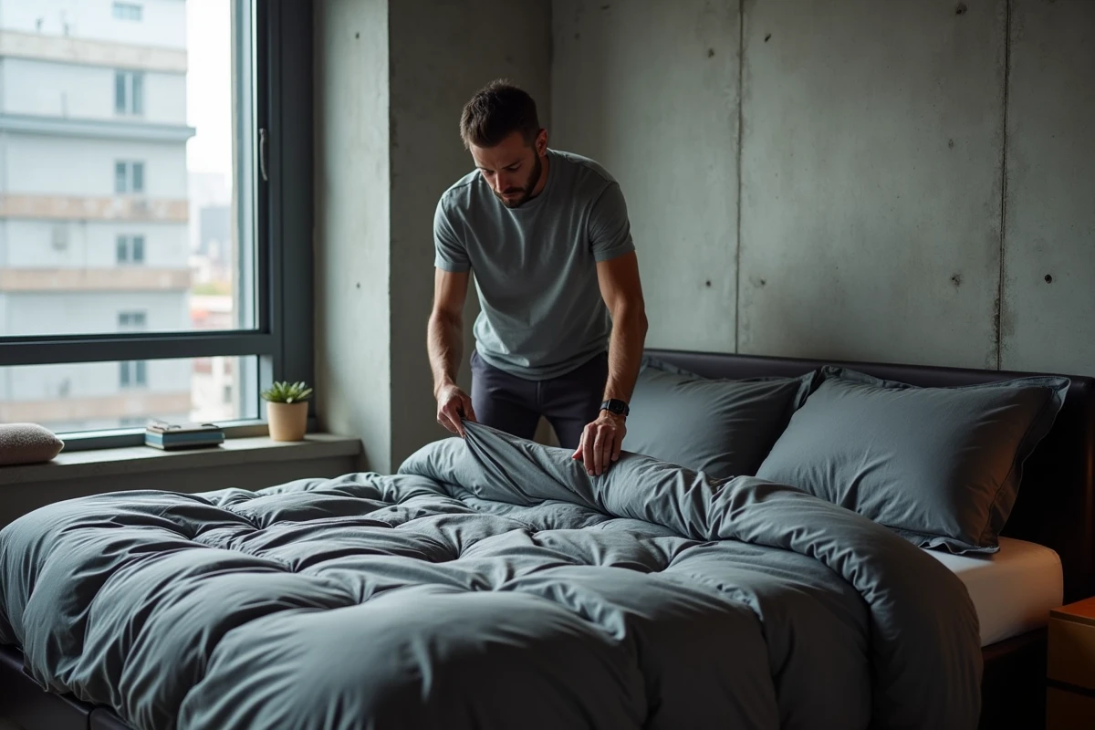 Homme d'âge mûr refaisant son lit dans un appartement urbain moderne aux murs en béton