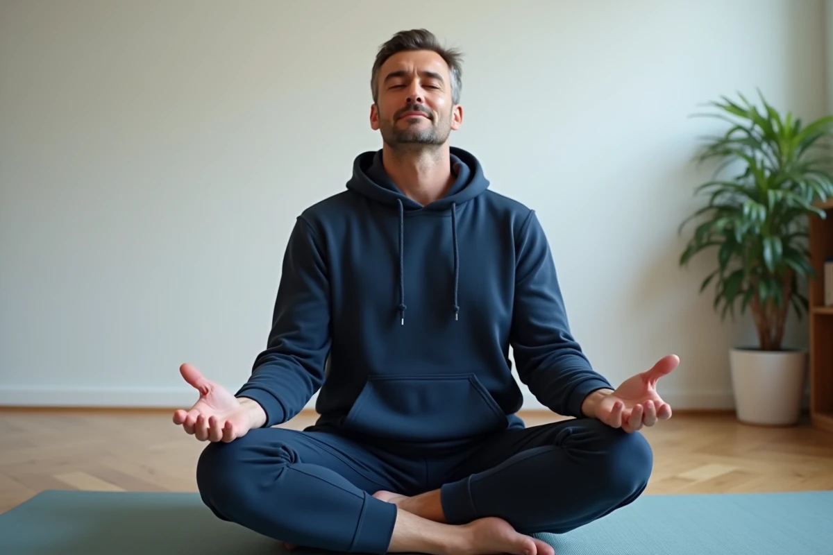 Homme pratiquant la respiration consciente pour gérer et évacuer la colère chez lui