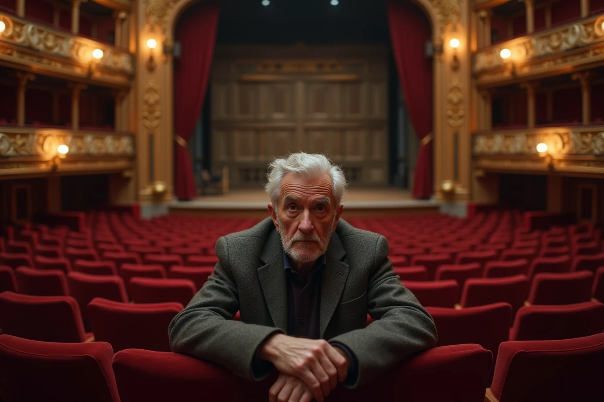 Homme âgé assis seul dans un théâtre baroque vide, contemplant la scène dans un moment de réflexion solitaire