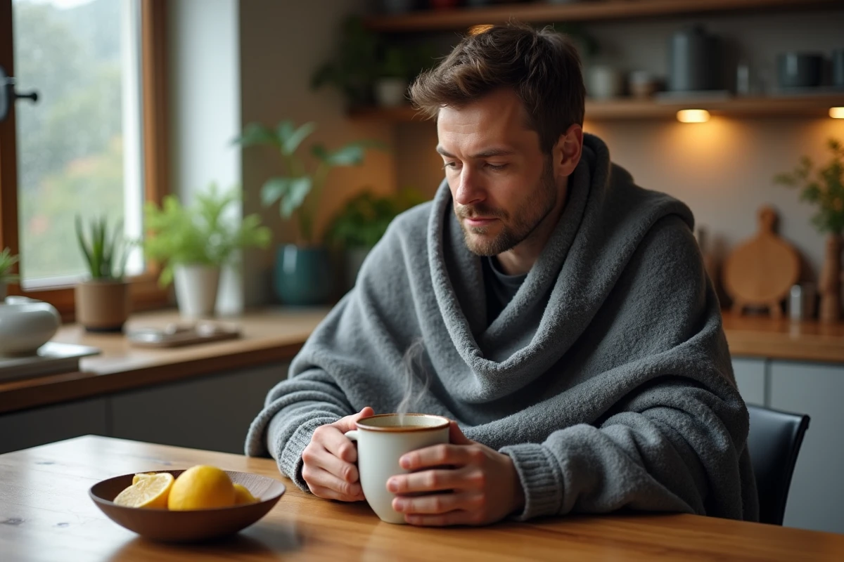 Homme enveloppé dans une couverture en laine buvant une tisane chaude pour se réchauffer après la pluie