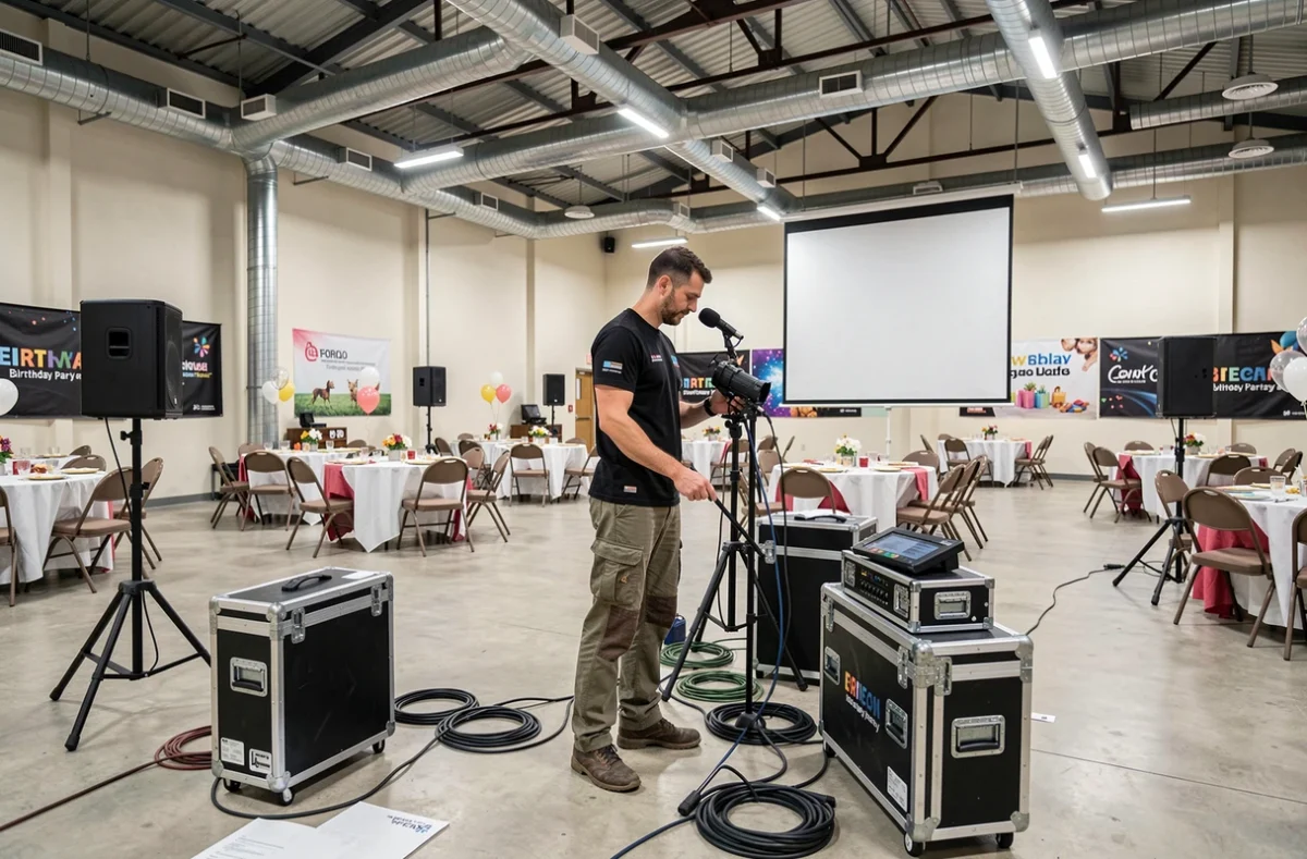 Technicien de Hp Diff installant une sonorisation professionnelle dans une salle pour un événement anniversaire
