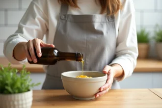 Femme versant de l'huile d'olive dans une purée de légumes pour bébé dans une cuisine moderne