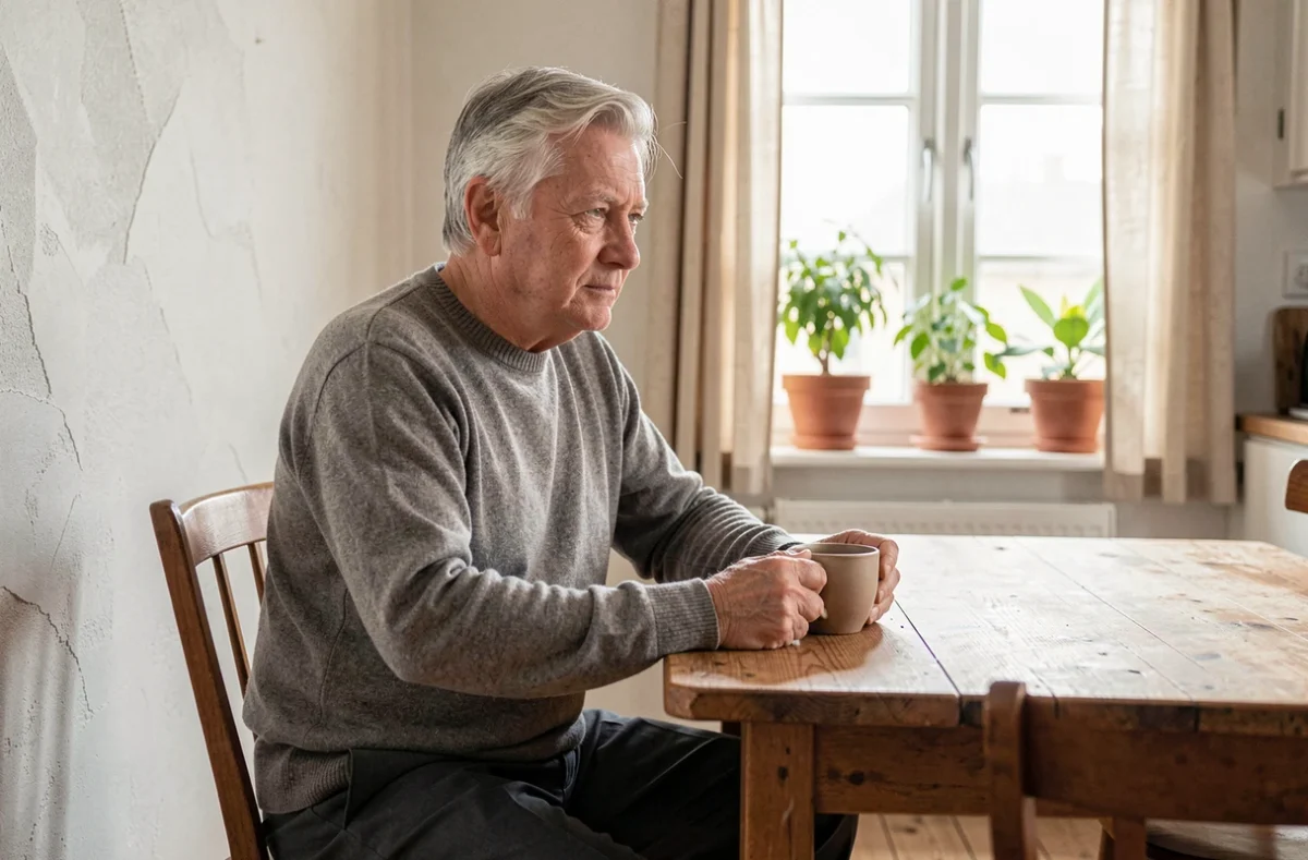 Homme âgé aux cheveux argentés assis dans une cuisine domestique avec une tasse de café, évoquant l'intimité et la vie privée d'une personnalité publique