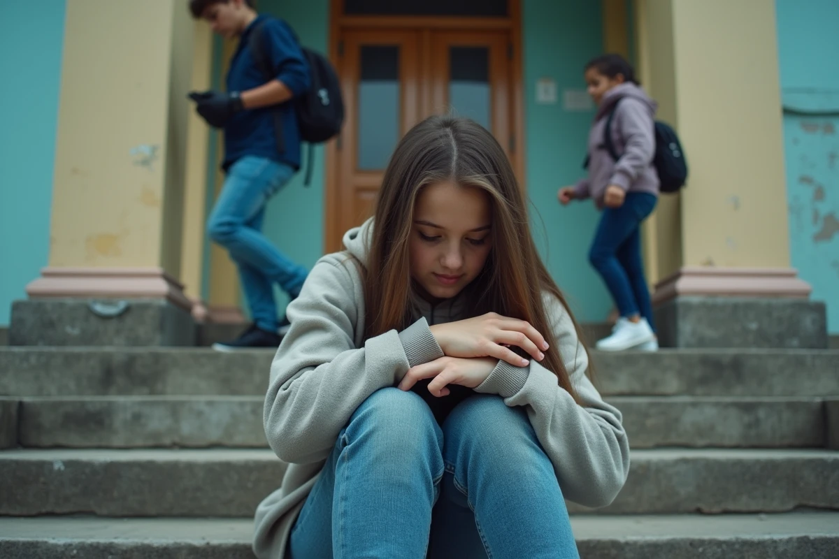 Adolescente isolée sur des marches d'école, illustrant les conséquences d'un environnement scolaire inadapté sur le développement éducatif