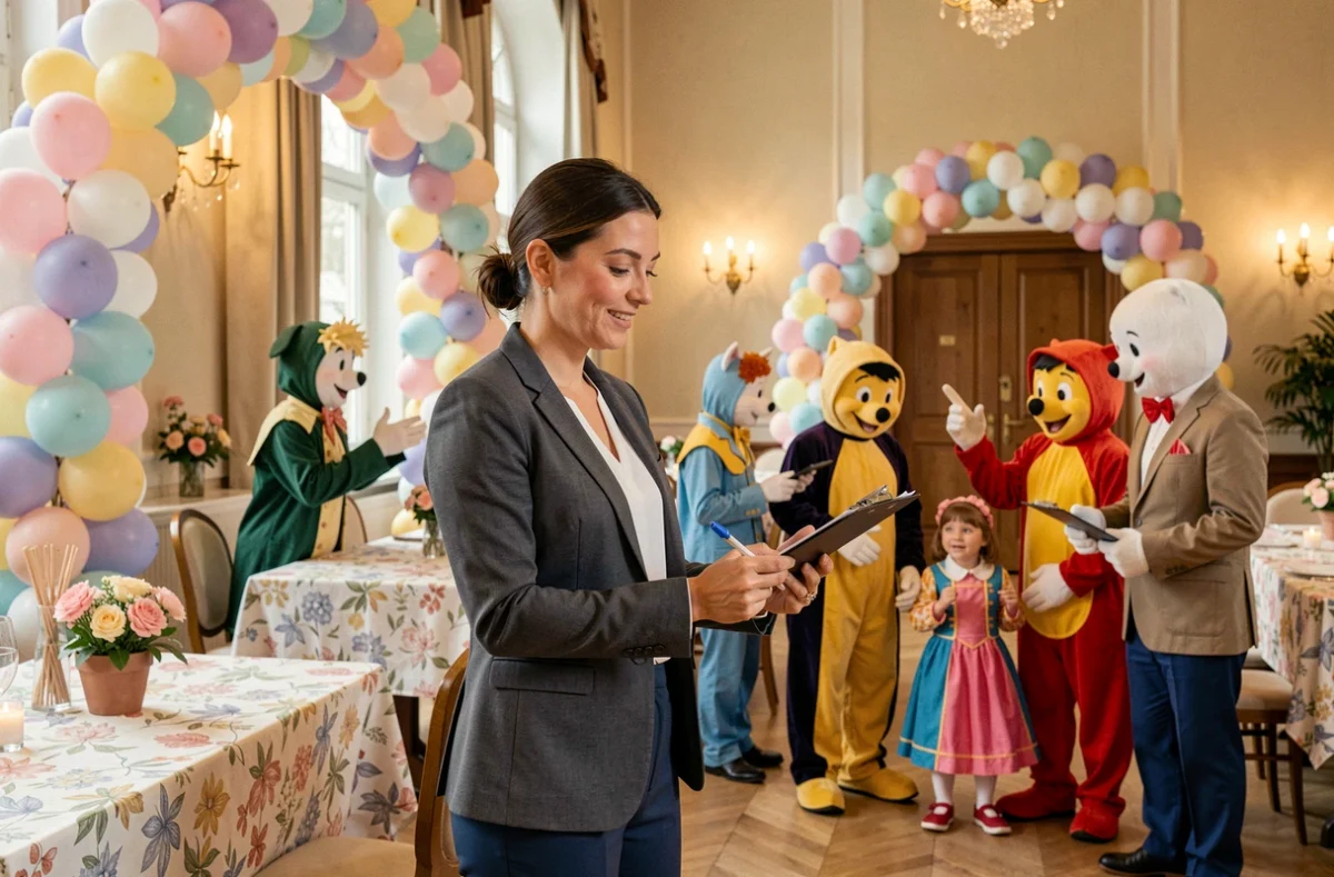 Coordinatrice de l'agence Jeanne Agency supervisant une équipe d'animateurs costumés lors d'un anniversaire à Poitiers