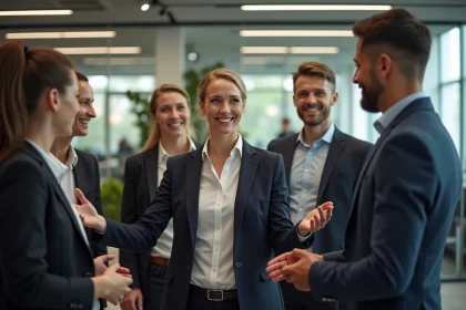 Groupe de collègues jouant à un jeu de mimes coopératif dans un bureau moderne pour renforcer l'esprit d'équipe
