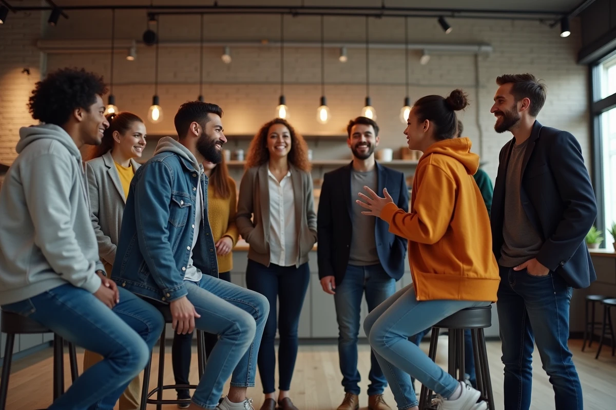Grande équipe de travail engagée dans un jeu de mimes collectif dans la salle de pause pour développer la cohésion d'équipe