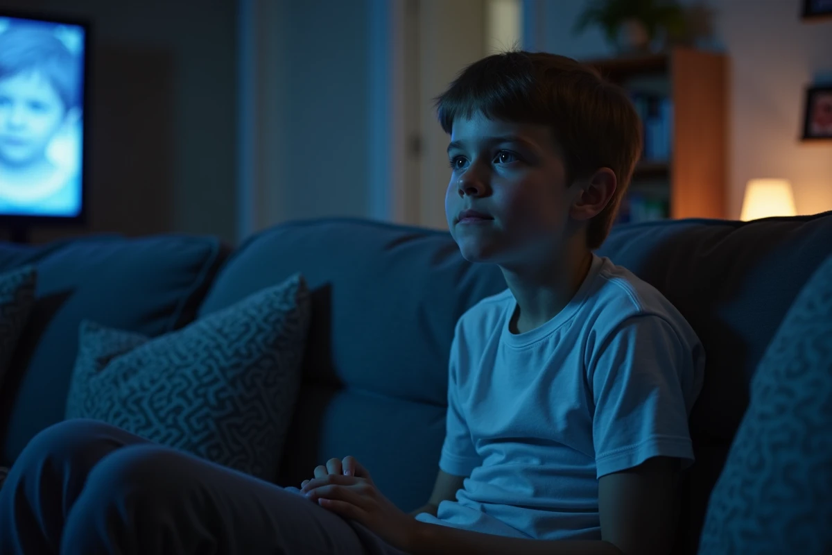 Jeune adolescent seul dans le salon la nuit devant la télévision dans une maison américaine
