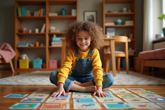 Jeune fille jouant à un jeu de société coloré sur un plancher en bois dans un salon chaleureux