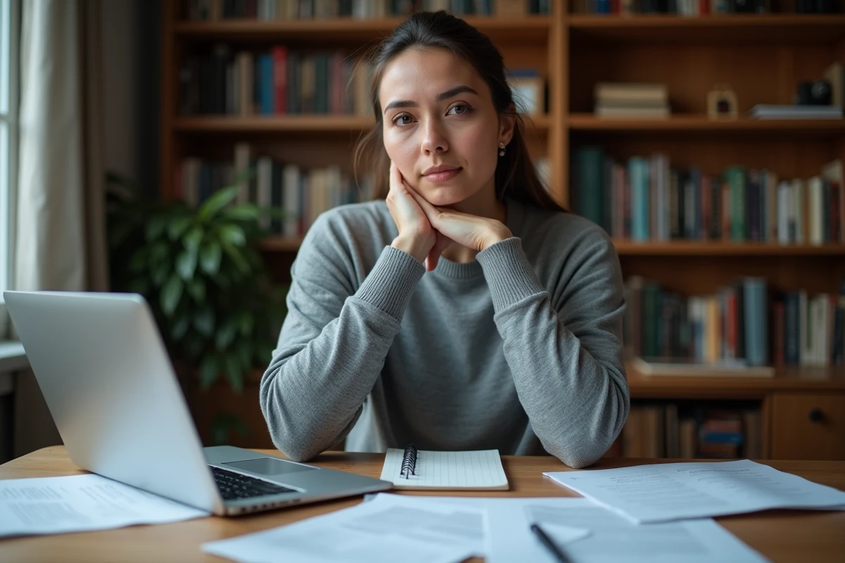 Journaliste concentré à son bureau avec documents et ordinateur, symbolisant la recherche sur la vie privée des personnalités publiques