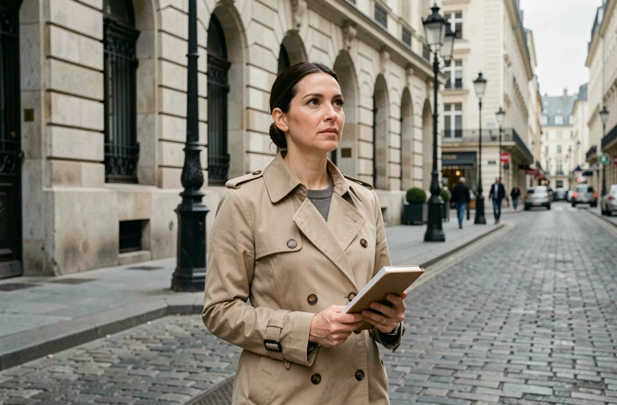 Journaliste en manteau beige prenant des notes devant un immeuble en pierre dans une rue européenne, symbolisant l'équilibre entre curiosité publique et respect de la vie privée